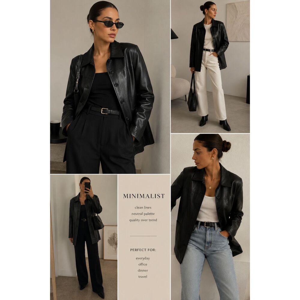 Beyond California Black Leather Jacket Minimalist Button Front buttery Soft L